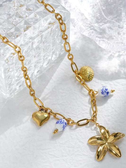 Collier Doré Pendentif Cœur Porcelaine Fleur