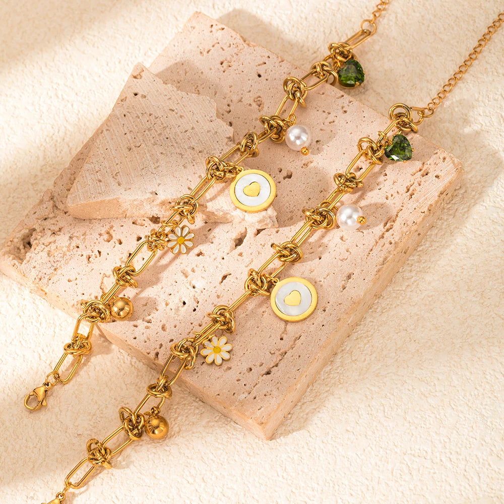 Bracelet Doré avec Pendentif Fleur, Perles & Zircons