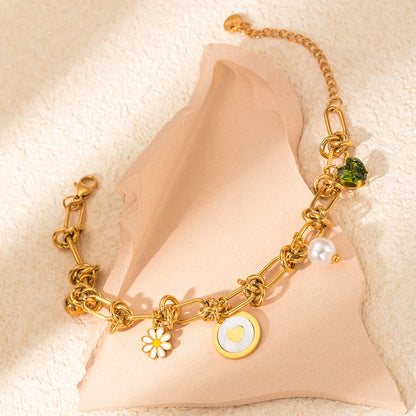 Bracelet Doré avec Pendentif Fleur, Perles & Zircons