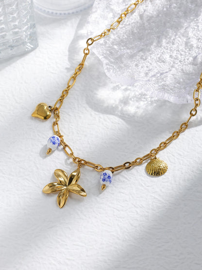 Collier Doré Pendentif Cœur Porcelaine Fleur