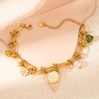 Bracelet Doré avec Pendentif Fleur, Perles & Zircons